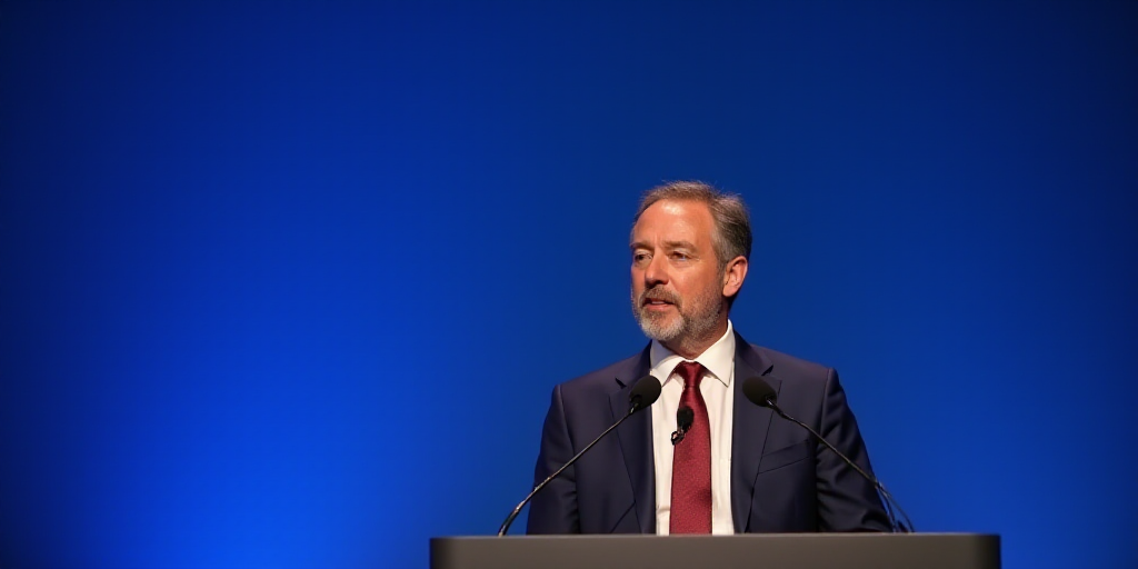 a man in a suit and tie speaking at a podium with a microphone in front of him and a blue background