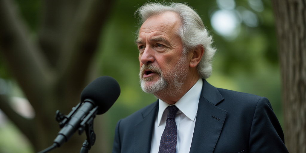 a man in a suit and tie speaking to a microphone and a microphone microphone in front of him and a t