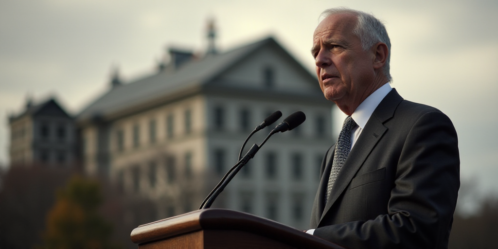 a man in a suit and tie standing at a podium with a microphone in front of him and a building in the