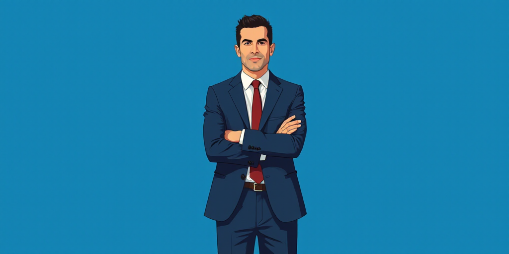a man in a suit and tie standing with his arms crossed in front of him, with a blue background, Carl