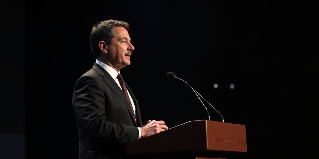 a man in a suit and tie standing at a podium with a microphone in front of him and a dark background