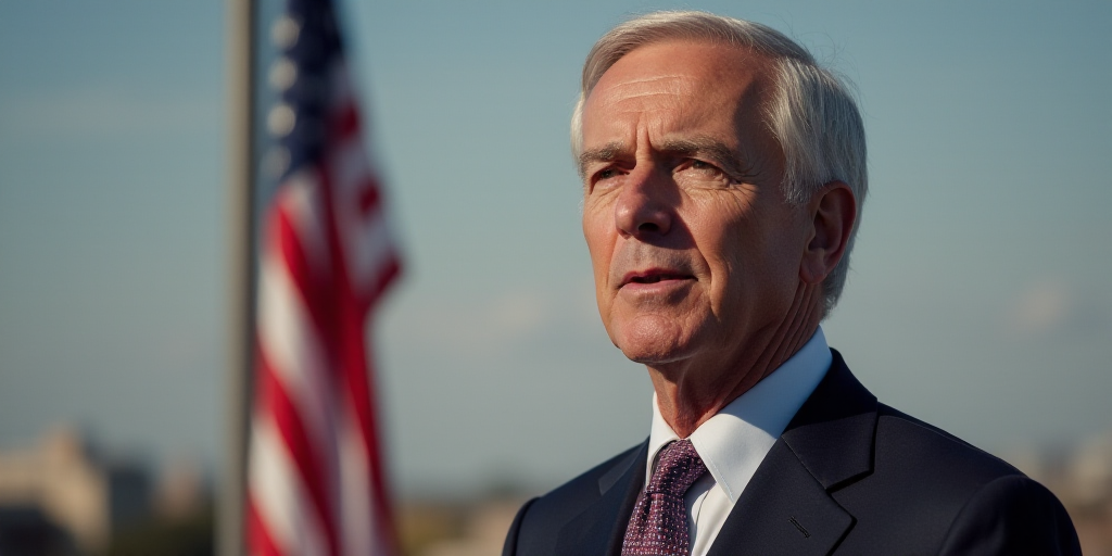 a man in a suit and tie standing in front of a flag and a flag pole in the background, Donald Roller