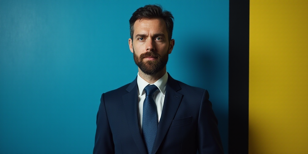 a man in a suit and tie standing in front of a blue background with a black and yellow border, Chris
