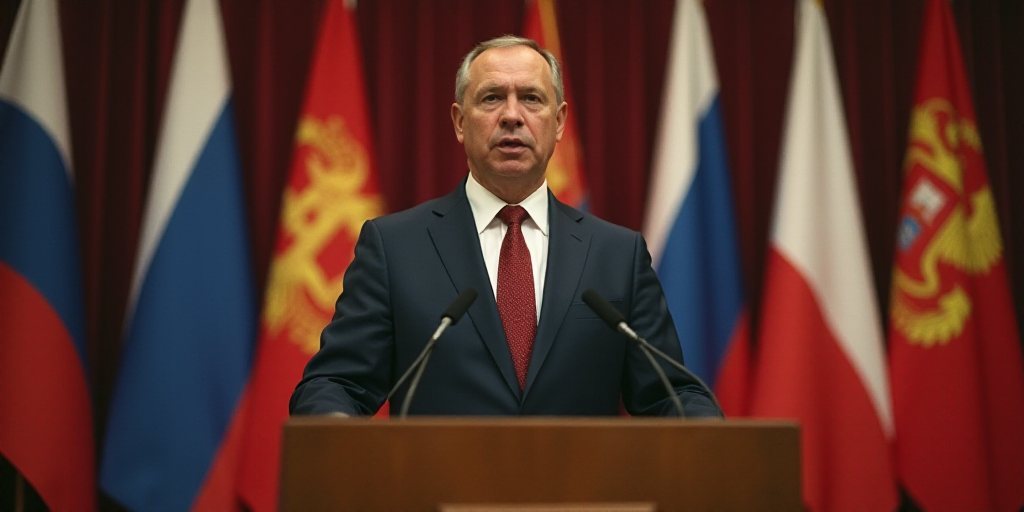 a man in a suit and tie standing at a podium with a flag behind him and a flag behind him, Boris Vla