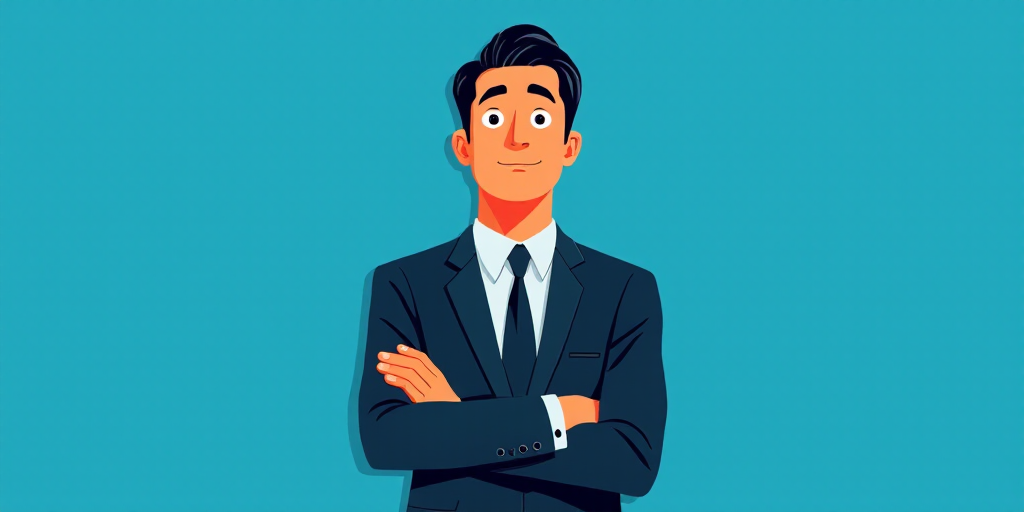 a man in a suit and tie standing with his arms crossed in front of him, with a blue background, Carl