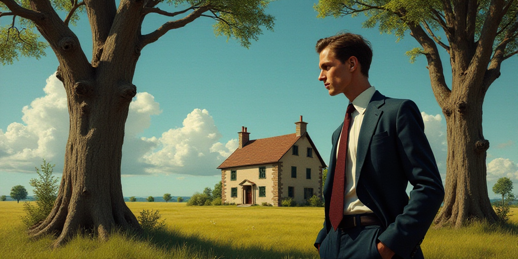 a man in a suit and tie standing in front of trees and a building with a sky background and a blue s
