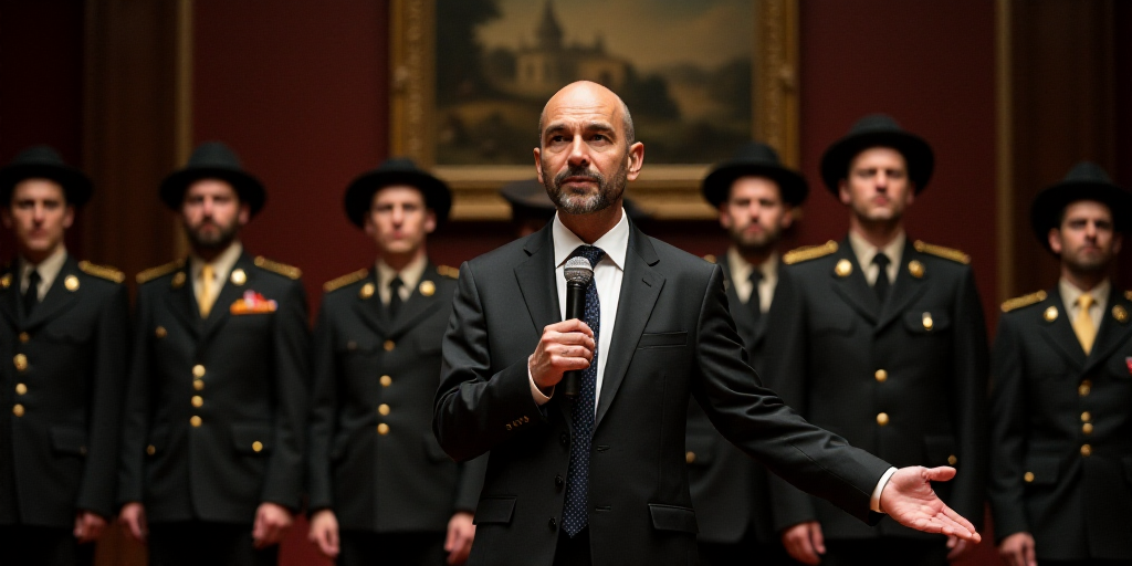 a man in a suit and tie standing next to other men in uniform and hats on a stage with a microphone,