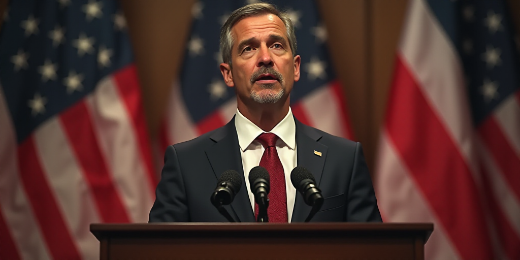 a man in a suit and tie standing in front of a podium with flags behind him and a microphone in fron