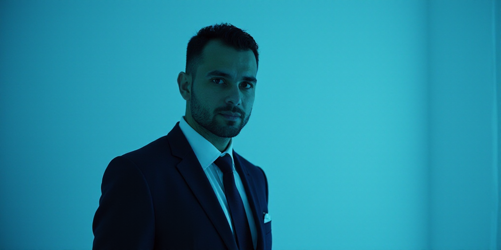 a man in a suit and tie standing in front of a blue background with a black and white photo, Alejand