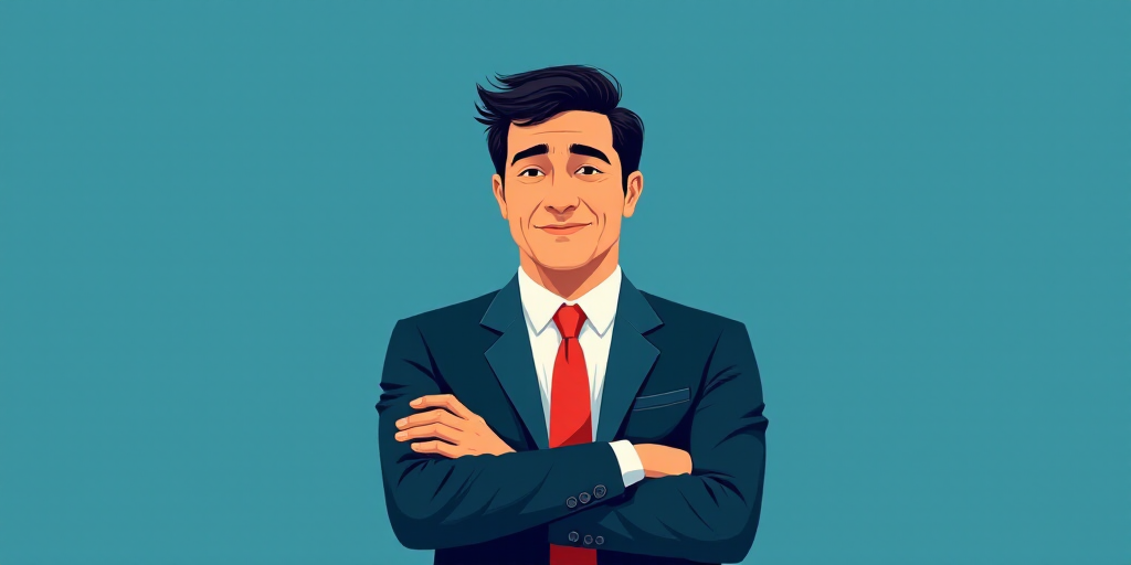 a man in a suit and tie standing with his arms crossed in front of him, with a blue background, Carl