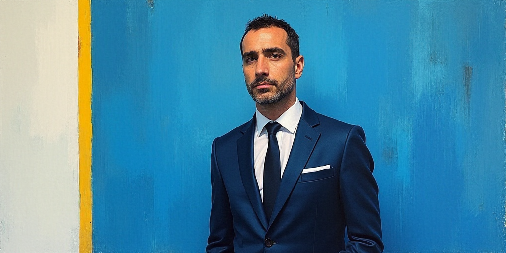 a man in a suit and tie standing in front of a blue background with a white and yellow border, Carlo