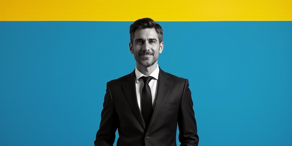 a man in a suit and tie standing in front of a blue background with a yellow border and a black and