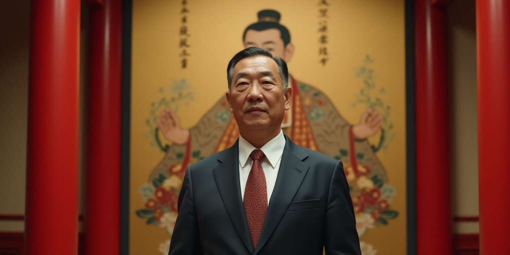 a man in a suit and tie standing in front of red pillars with a picture of a man in the background,