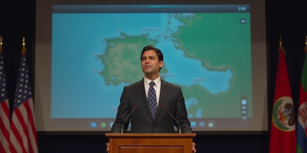 a man in a suit and tie standing at a podium in front of a screen with flags and a map, Estuardo Mal