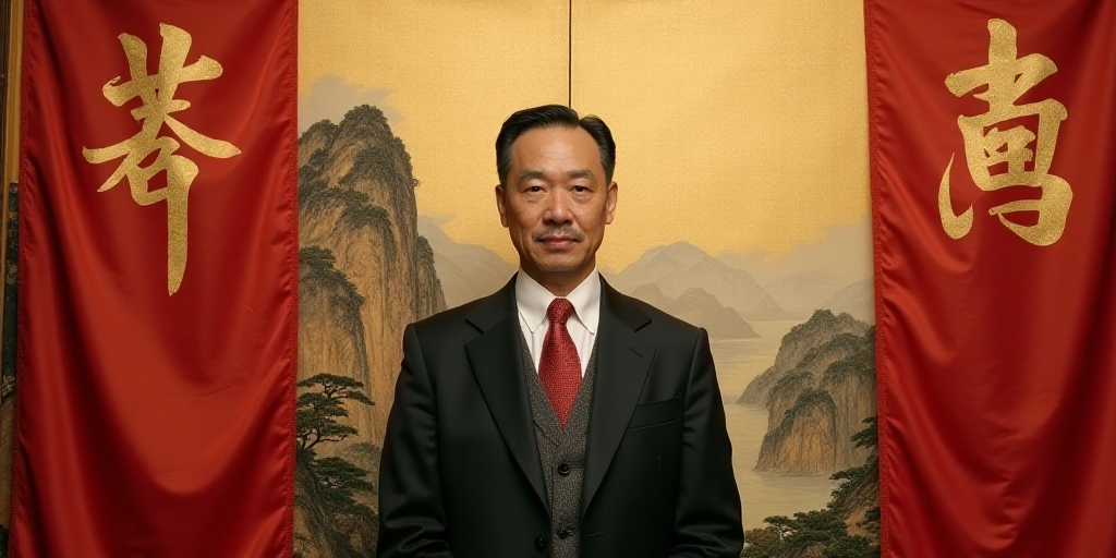 a man in a suit and tie standing in front of red flags and a picture of a mountain behind him, Emper