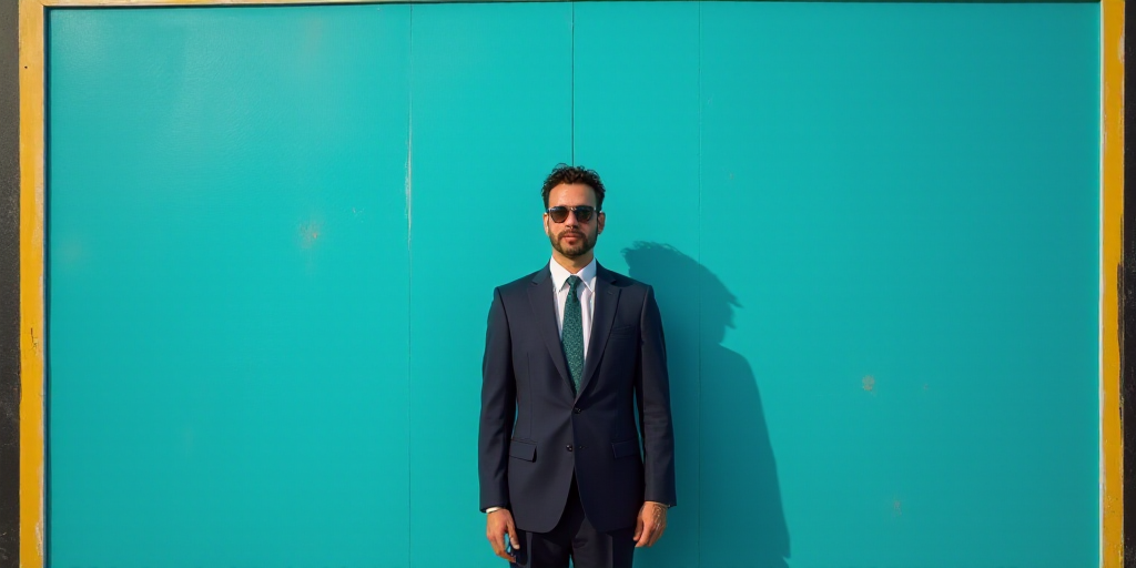 a man in a suit and tie standing in front of a blue background with a black and yellow border, Carlo