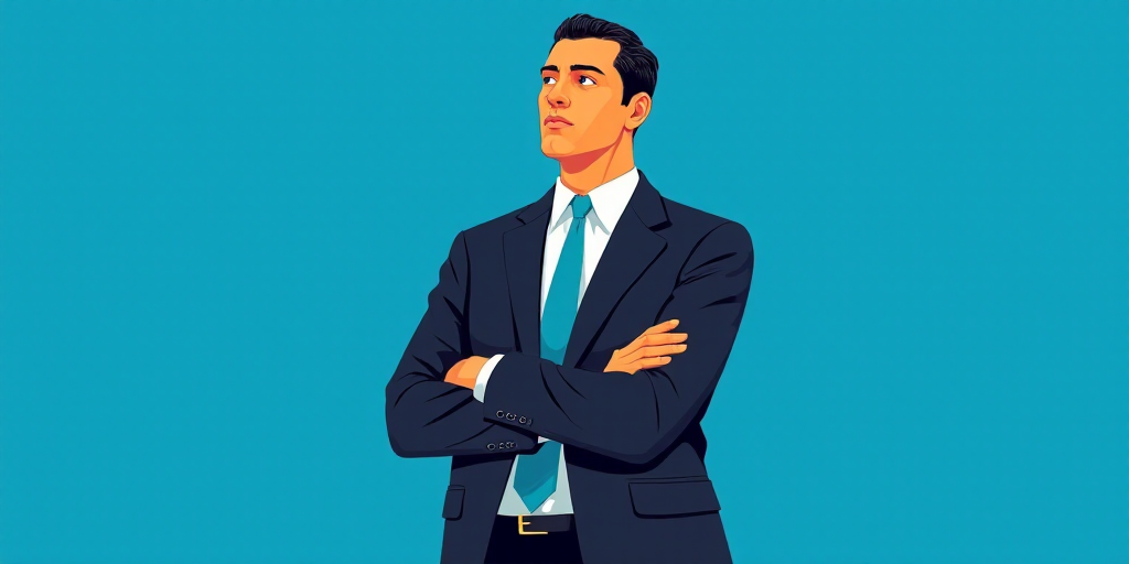 a man in a suit and tie standing with his arms crossed in front of him, with a blue background, Carl