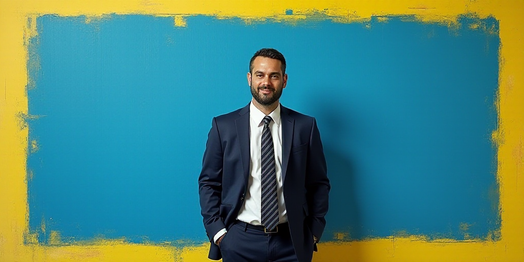 a man in a suit and tie standing in front of a blue background with a yellow border and a black and