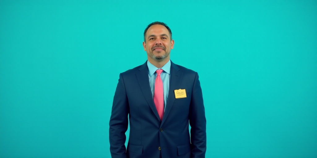 a man in a suit and tie standing in front of a blue background with a name tag for a business, Edwar