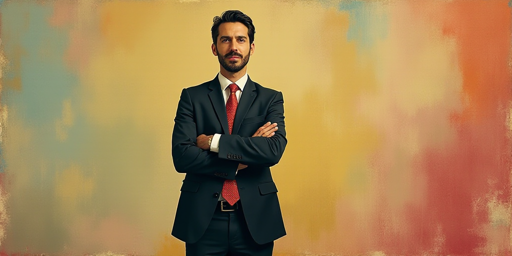 a man in a suit and tie standing with his arms crossed in front of him, with the caption of a photo