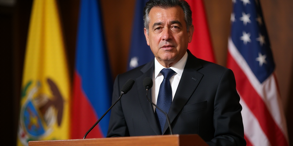 a man in a suit and tie standing at a podium with flags behind him and a microphone in front of him,
