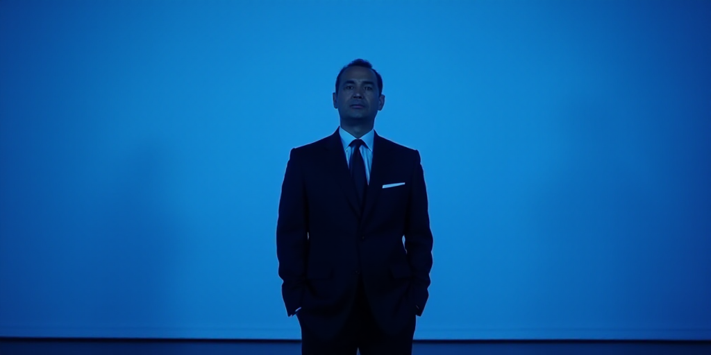 a man in a suit and tie standing in front of a blue background with the words antonio ai showbiz, An