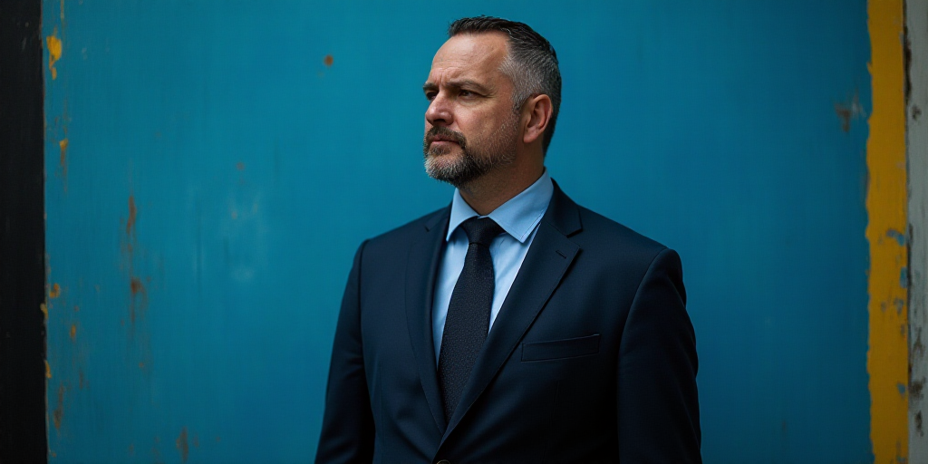 a man in a suit and tie standing in front of a blue background with a black and yellow border, Chris