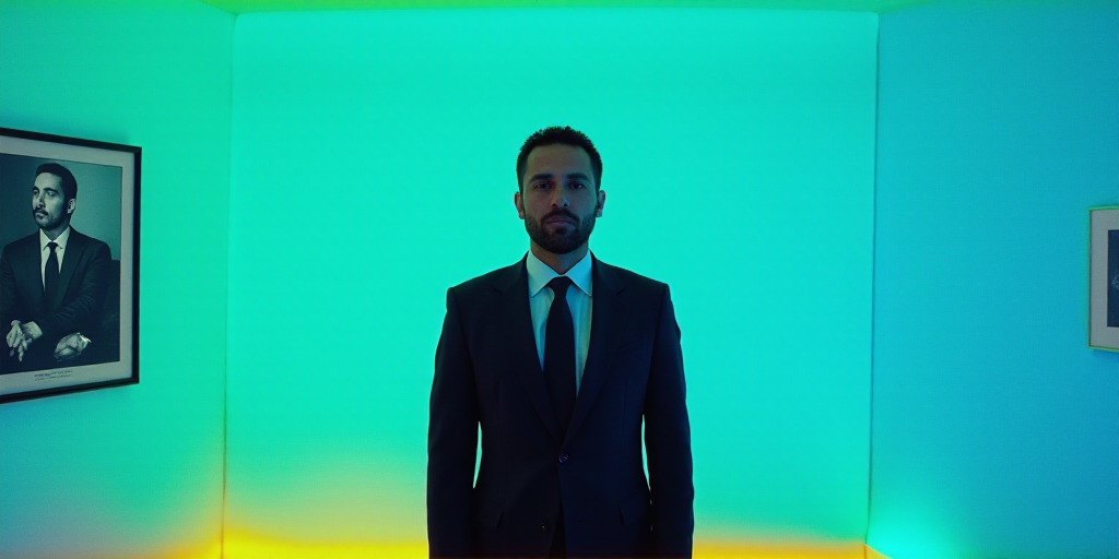 a man in a suit and tie standing in front of a blue background with a yellow border and a black and