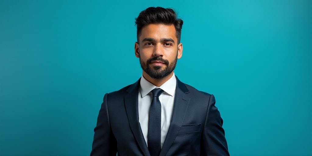 a man in a suit and tie standing in front of a blue background with a black and white photo, Alejand