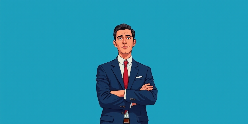 a man in a suit and tie standing with his arms crossed in front of him, with a blue background, Carl
