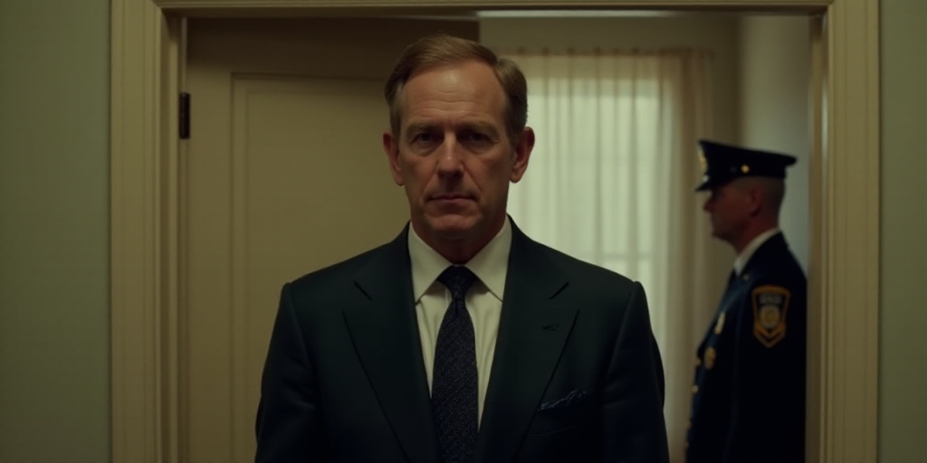 a man in a suit and tie standing in front of a door with a man in uniform in the background, Donald
