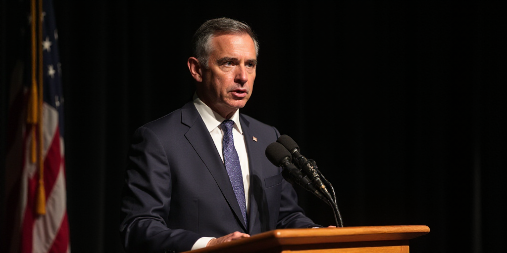 a man in a suit and tie standing at a podium with a microphone in front of him and looking at the ca