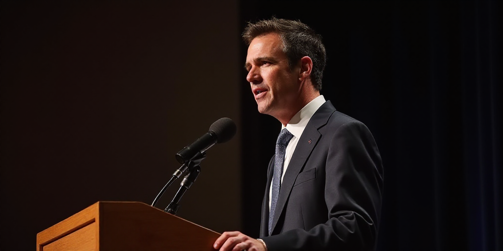 a man in a suit and tie standing at a podium with a microphone in front of him and looking at the ca
