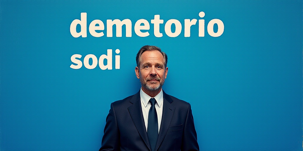 a man in a suit and tie standing in front of a blue background with the words demeterio sodi, Edward