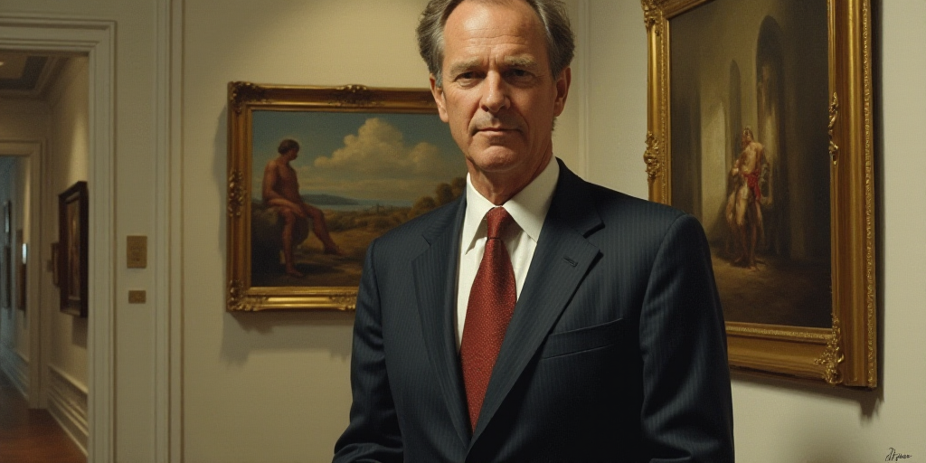 a man in a suit and tie standing in front of a wall with paintings on it and a hallway, David G. Sor