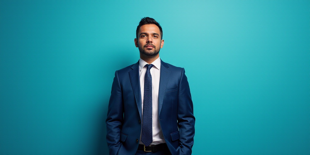 a man in a suit and tie standing in front of a blue background with a caption that reads, louis migu