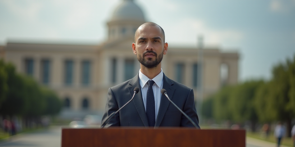 a man in a suit and tie standing at a podium with a microphone in front of him and a building in the