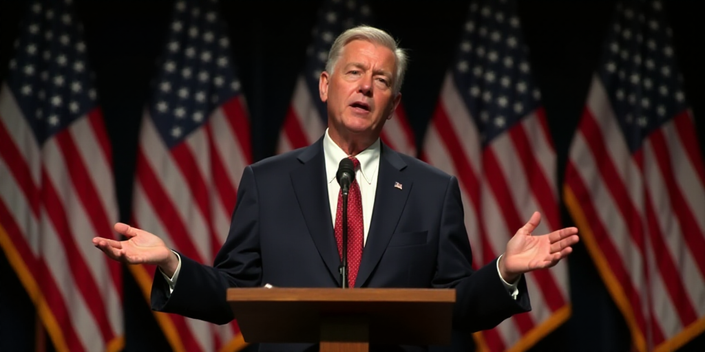 a man in a suit and tie standing at a podium with his hands out in front of him and american flags b