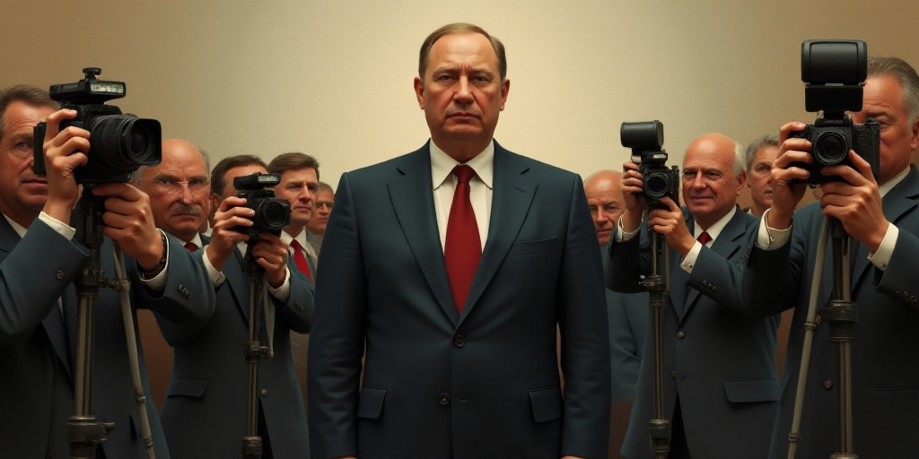 a man in a suit and tie standing in front of a group of people with cameras on the side of him, Bori