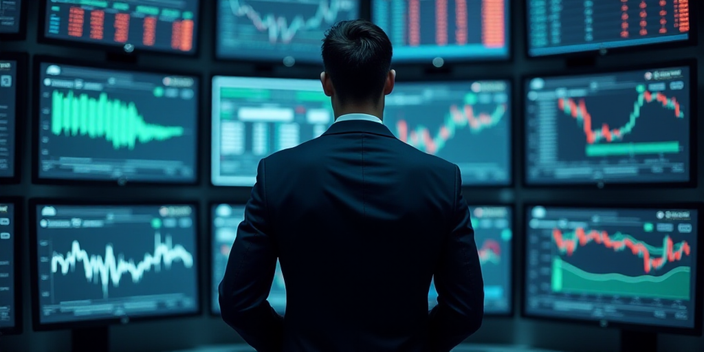 a man in a suit and tie standing in front of a bunch of computer screens with numbers on them, Andri