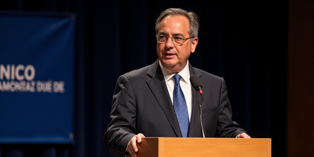 a man in a suit and tie standing at a podium with a microphone in front of him and a sign behind him