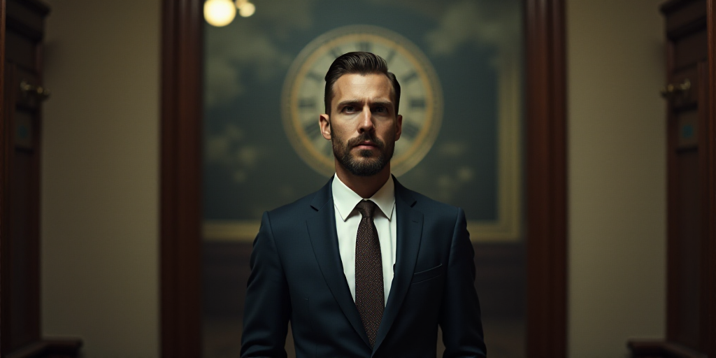 a man in a suit and tie standing in front of a clock in a room with a doorway and a doorway, André