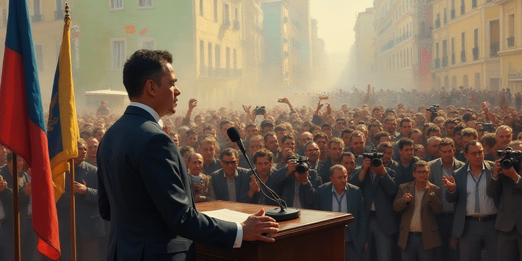 a man in a suit and tie standing in front of a crowd of people with cameras around him and a microph