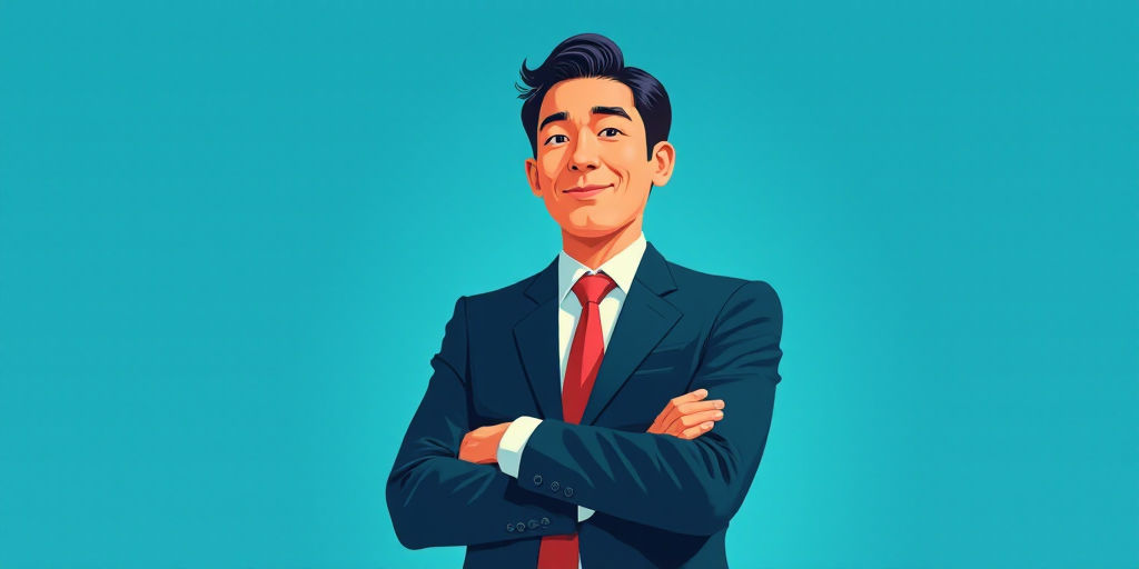 a man in a suit and tie standing with his arms crossed in front of him, with a blue background, Carl