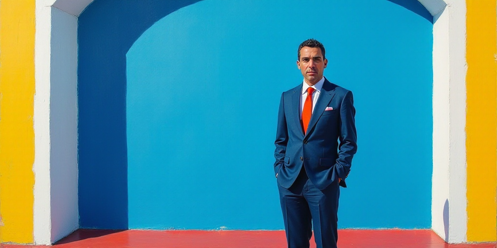 a man in a suit and tie standing in front of a blue background with a white and yellow border, Carlo
