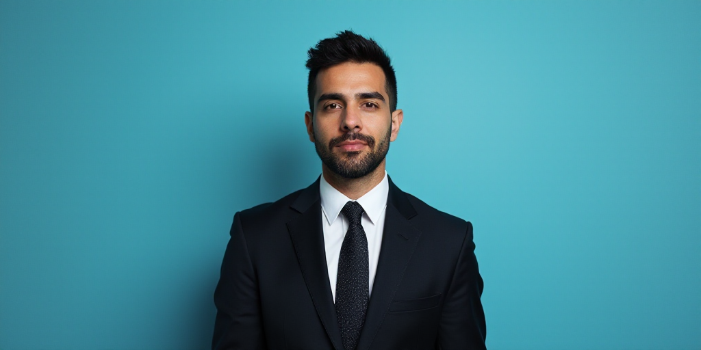a man in a suit and tie standing in front of a blue background with a black and white photo, Alejand