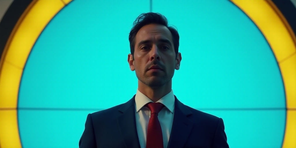 a man in a suit and tie standing in front of a blue background with a black and yellow border, Carlo