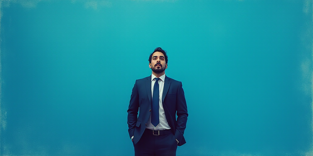 a man in a suit and tie standing in front of a blue background with a caption that reads, louis migu
