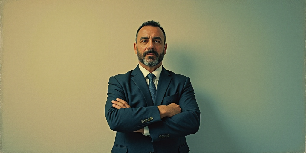 a man in a suit and tie standing with his arms crossed in front of him, with the caption of a photo