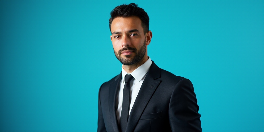 a man in a suit and tie standing in front of a blue background with a black and white photo, Alejand